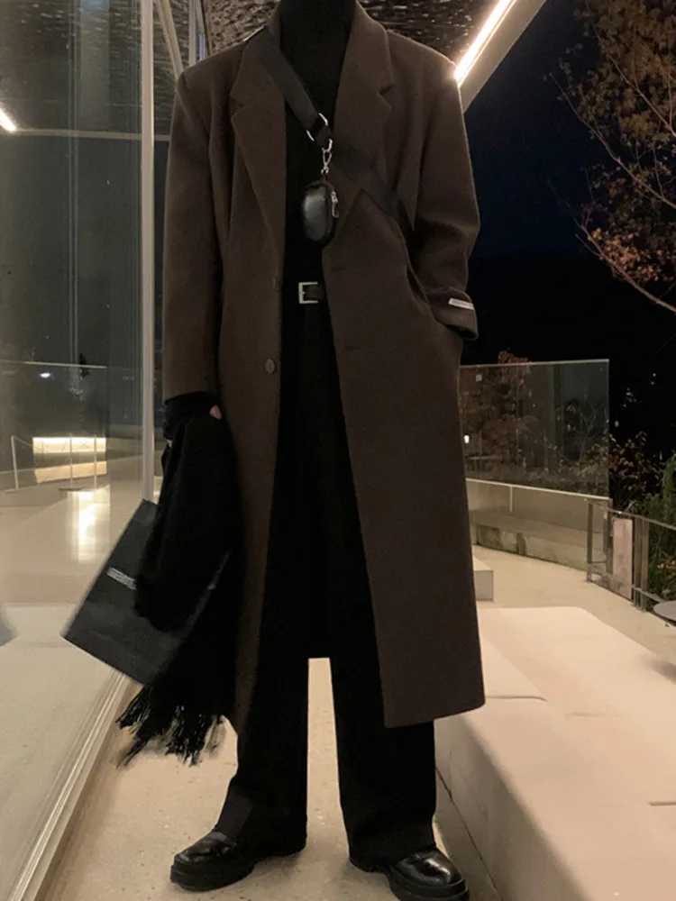 Korean Style Men Woolen Overcoat Turndown Collar Single Breasted Overknee Thickened Casual Male Trench 2024 WinterT251025