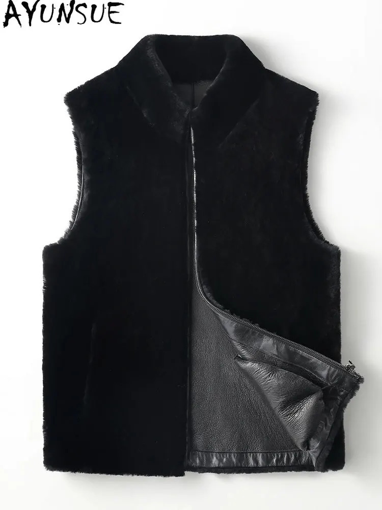AYUNSUE Natural Fur Coat Man Sleeveless Waistcoat Winter Short Genuine Sheepskin Leather Jacket Men Black Shearling Fur Vest 251020