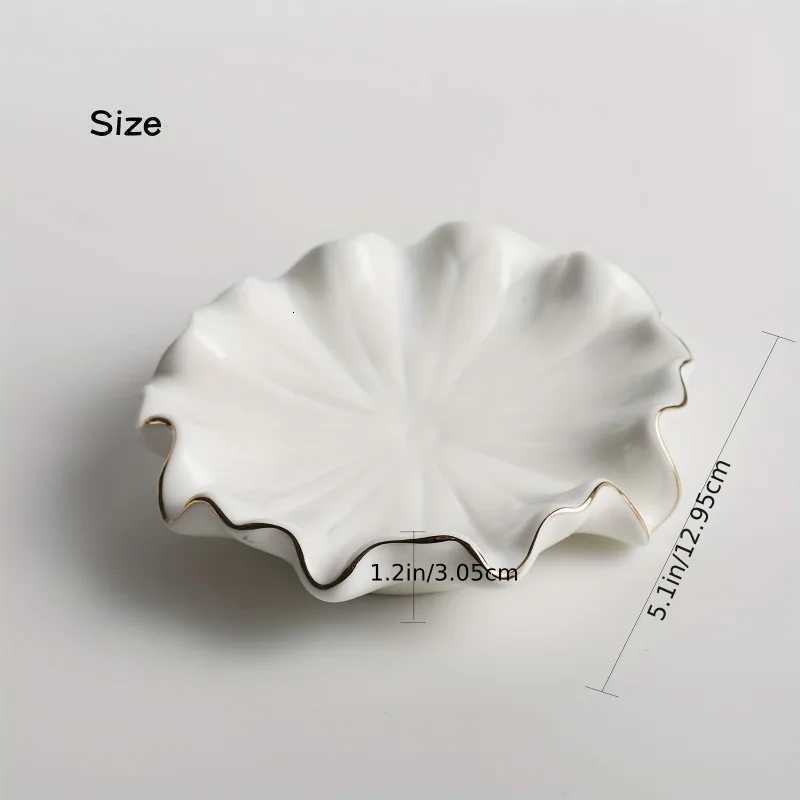 1pc Elegant White Ceramic Soap Dish with Golden RimShellInspired Design Round for Lotus Leaf Shape Holder Y251025