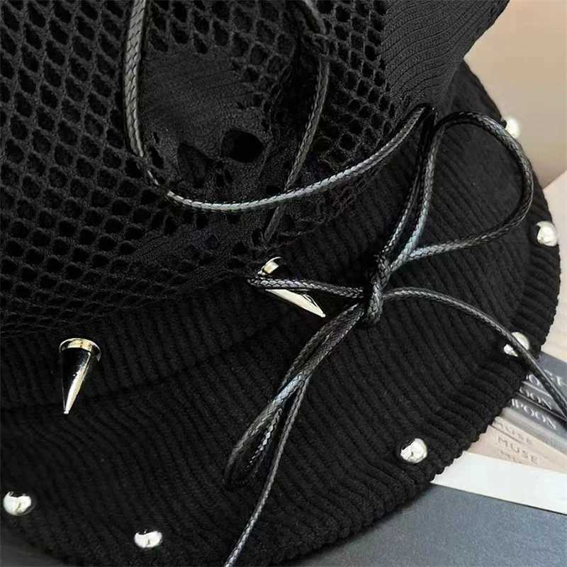 Wens Tren Harajuku Black Gothic Punk Beret Y2K Girl Rivets Bow Skl Lace Soft Flat Top Hat Outdoor Streetwear Sunhats Y251025
