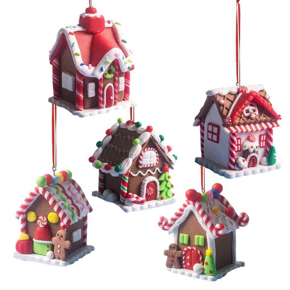 5pcs House Ornaments Holiday Christmas Tree Ornament Set Gingerbread Christmas Decor with Rope Gingerbread House Decor C251024