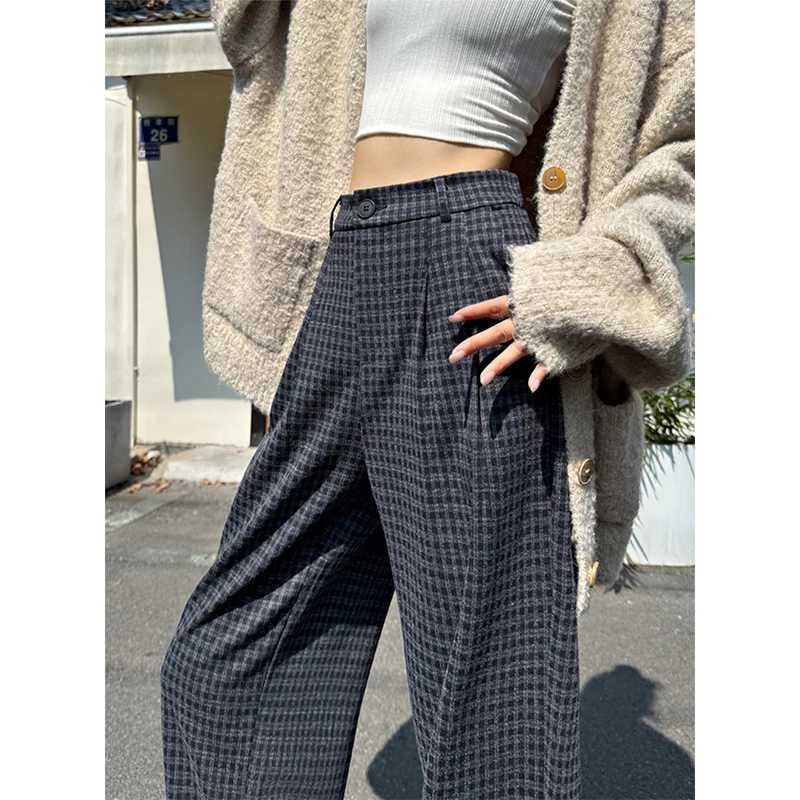 MEXZT Plaid Woolen Pants Women Fashion Streetwear Baggy Wide Leg Pants Winter Ladies Harajuku Korean Casual Straight TrousersT251025
