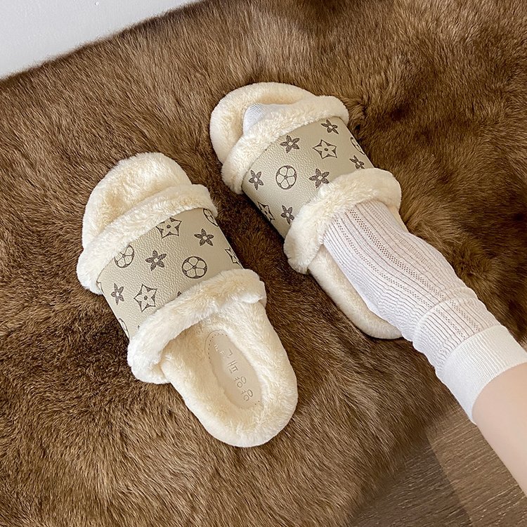 Free shipping flat woolen slippers for women's outerwear in autumn and winter, classic and fashionable with fleece warmth, anti-slip cotton slipp