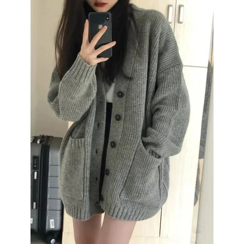 Preppy Style Womens Knit Sweater Cardigan Loose Fit Vneck Versatile Solid Color Korean Version Pullovers 251013