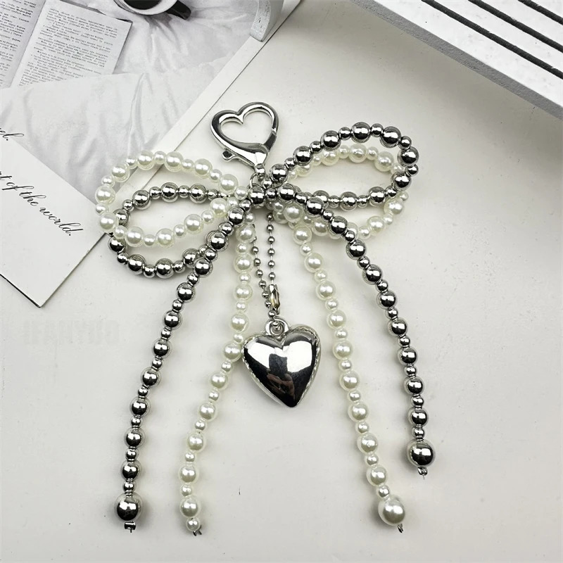 Doublelayer Sweet Lovely Beaded Bowknot Heart Keychain Pendant Hanging Decor Keyring Lanyard Phone Charm Bag Pendant Supplies 251021