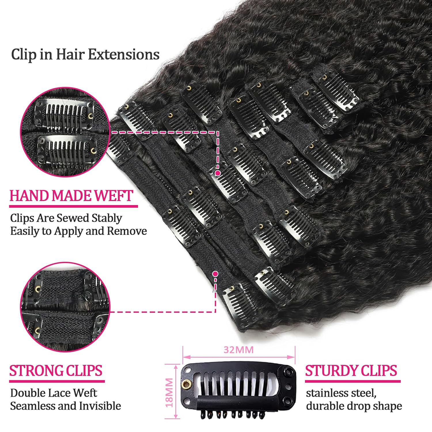 Kinky Straight Clip Ins Human Hair Double Weft 8-30 Inch 90-150g 8pcs Natural Black Real Hair