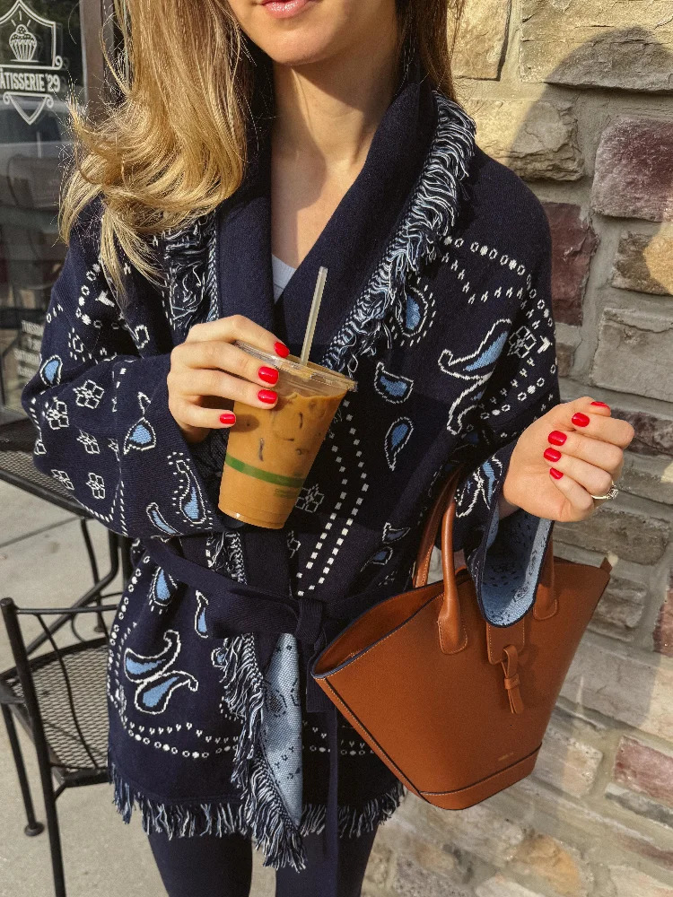Fashion Printed Tassel Patchwork Cardigan Women Vneck Long Sleeve Loose Sweater Lady Autumn Daily Commute Street Knitwear 251013