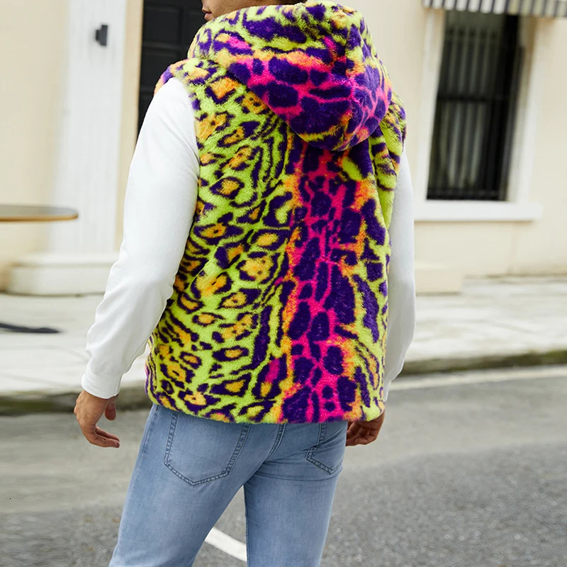 Men Vest Jacket Casual Spring Leopard Print Faux Fur Hoodie Cardigan for Fall Outwear Streetwear 251020