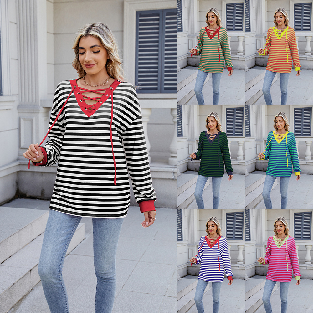 2025 Autumn Winter New Fashion Striped Top Womens Loose Tie Sweatshirt