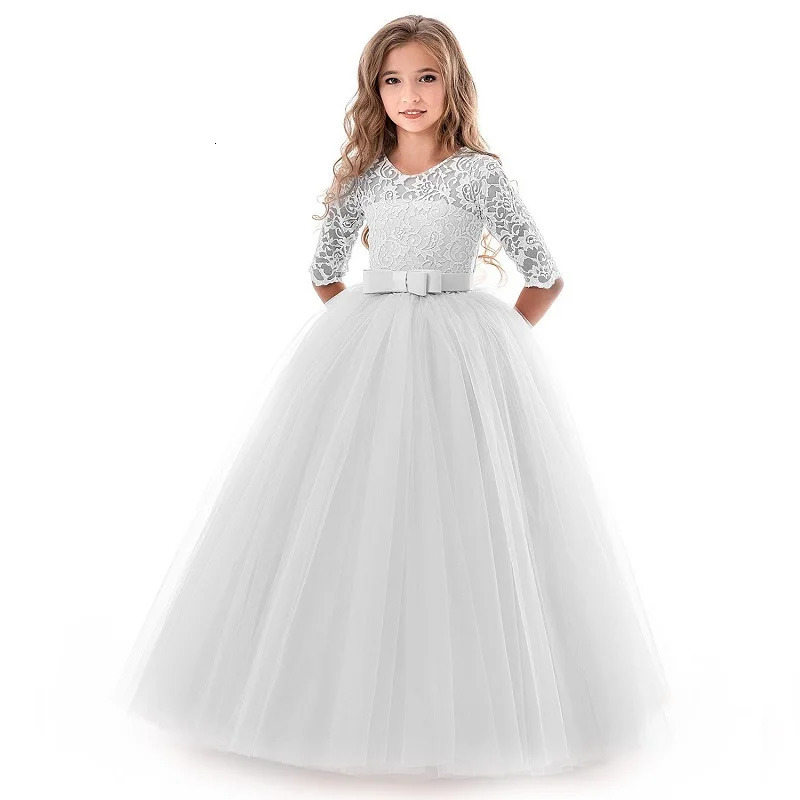 Girls Dress 414 Year Old Girls Bow Long Sleeve Princess Dress Lace Long Mesh Dress Wedding Dress Flower Girl PerformanceDress 251023
