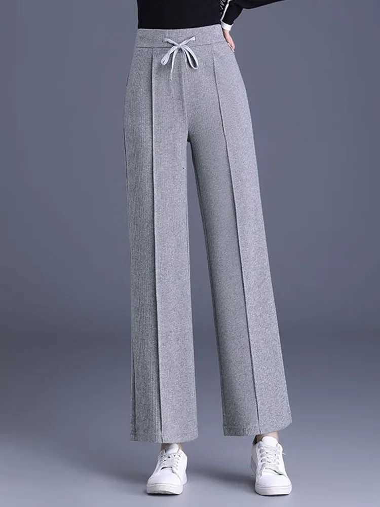 Winter Warm Thicken Loose Straight Pants Korean Elastic High Waist Lace Up Wide Leg Pantalones Casual Velvet Lined SweatpantsT251025