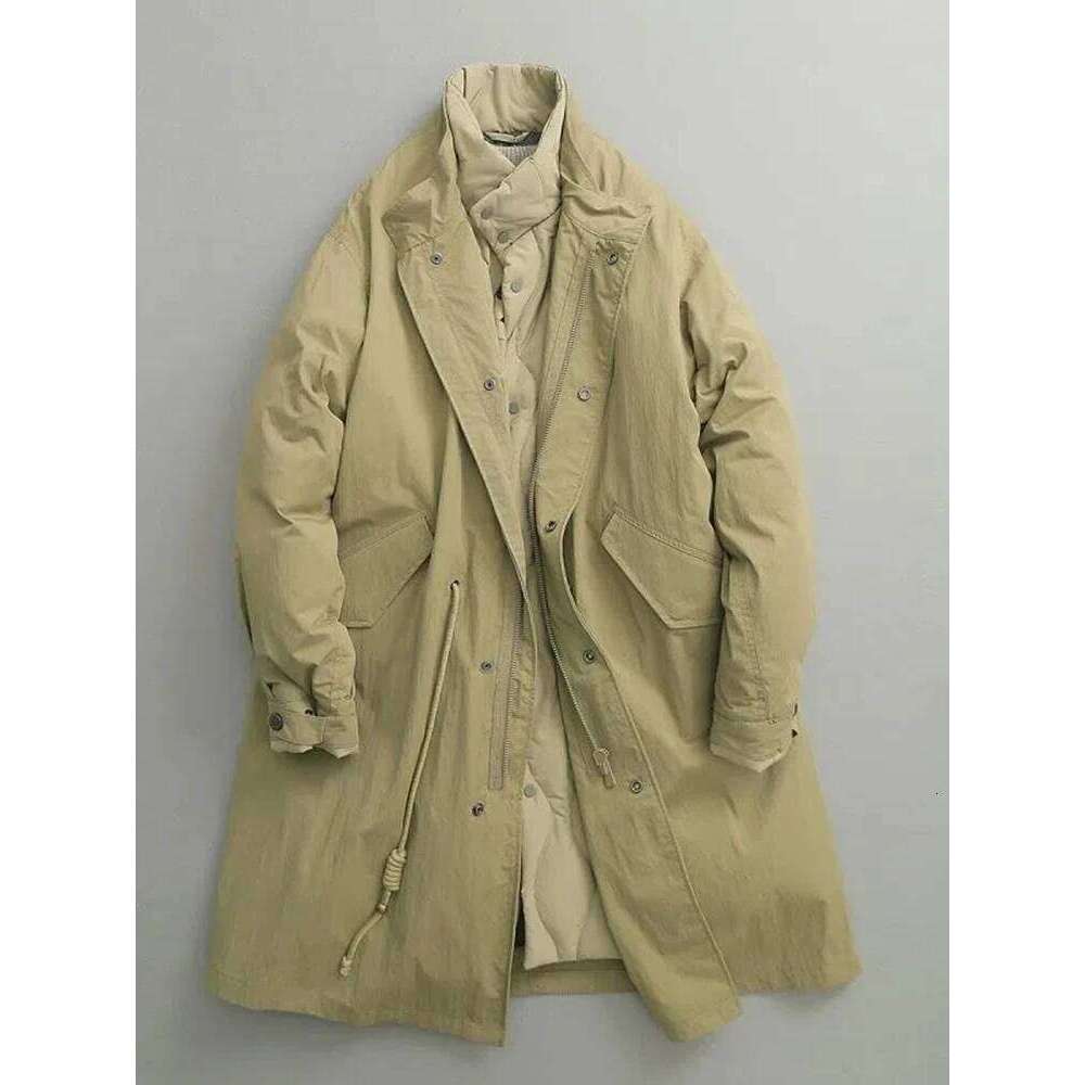 2025 New Cotton Padded Parka Army Green Vintage Fake Two Piece Stand Collar Long Jacket Drawstring Big Pocket Coat Women Coats Designer Women
