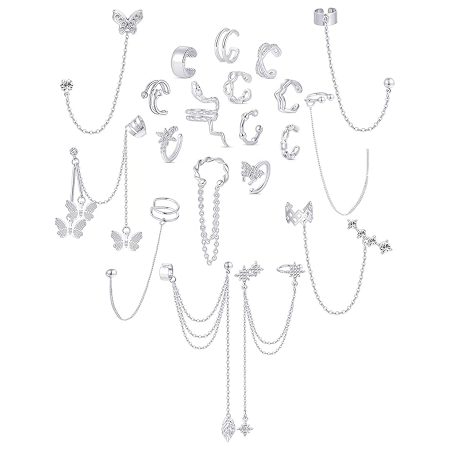 Ear Cuff Earrings for Women Stainless Steel Cuff Chain Drop Dangling Earrings Helix Cartilage Cuff Earring Non Pierced Adjustable Silver Tone