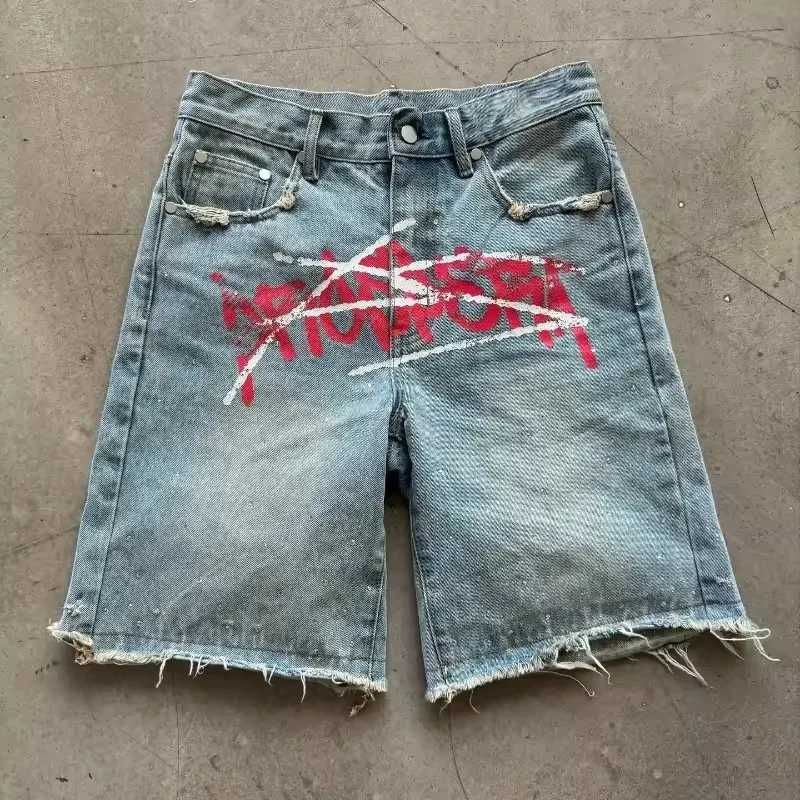 American Hip Hop Graffiti Letter Denim Shorts Tshirt Two Piece Set Y2K Suit Men Baggy Short Casual Knee Length Pants Casual TopsXJ251025