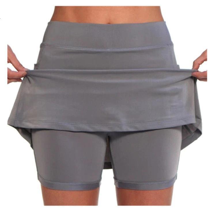 Summer Women's Solid Color Mid-Waist Pants with Pockets Sports Casual Fake Two-Piece Pocket Skirt