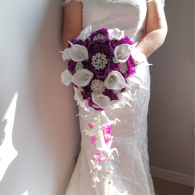 Custom made Bouquet Waterfall White Wedding Flowers Bridal Bouquets Artificial Pearls Crystal Rhinestone Wedding Bouquets