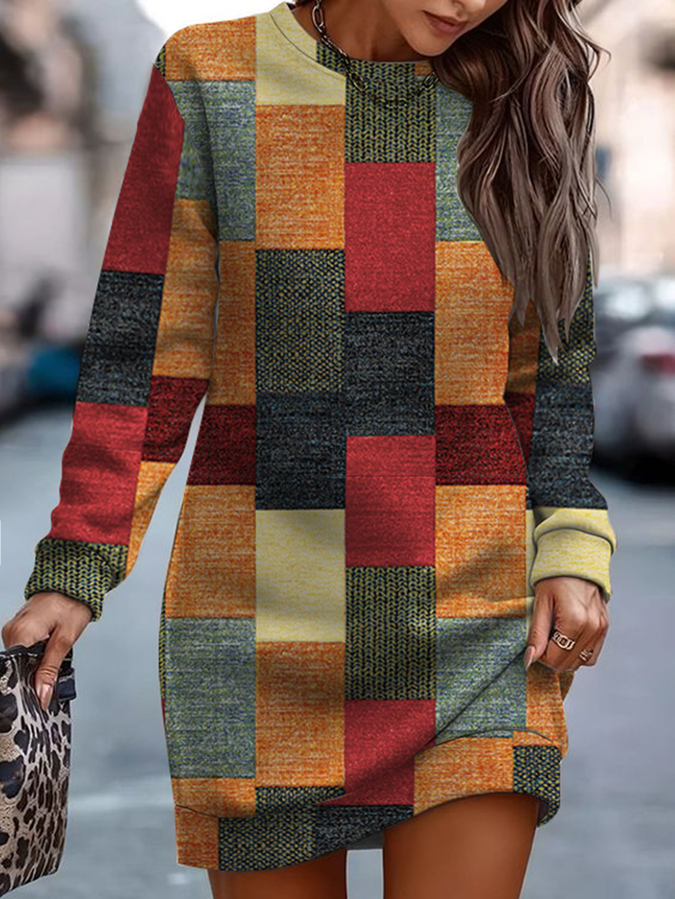 Autumn Winter Versatile Plaid Printed Mom Style Fashion Streetwear Women's Sweatshirt Dress, Milk Silk Mixed Color Dress, S-XXL---CF41445