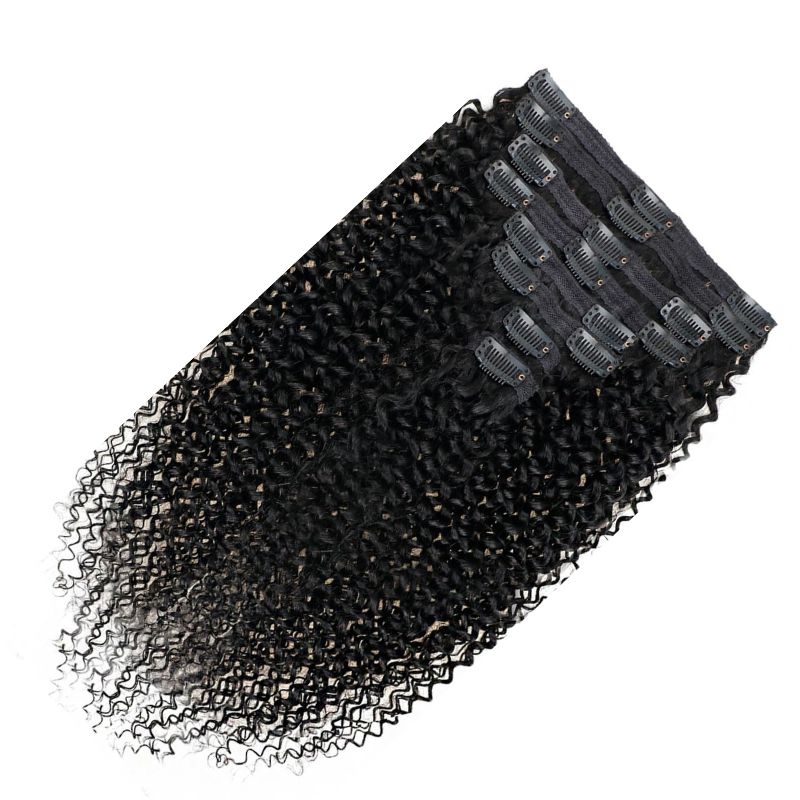 Brazilian Remy Human Hair Clip Ins 4C Afro Curly 8Pcs 18 Clips Full Head Set for Black Women 8-24 Inch Natural Colo