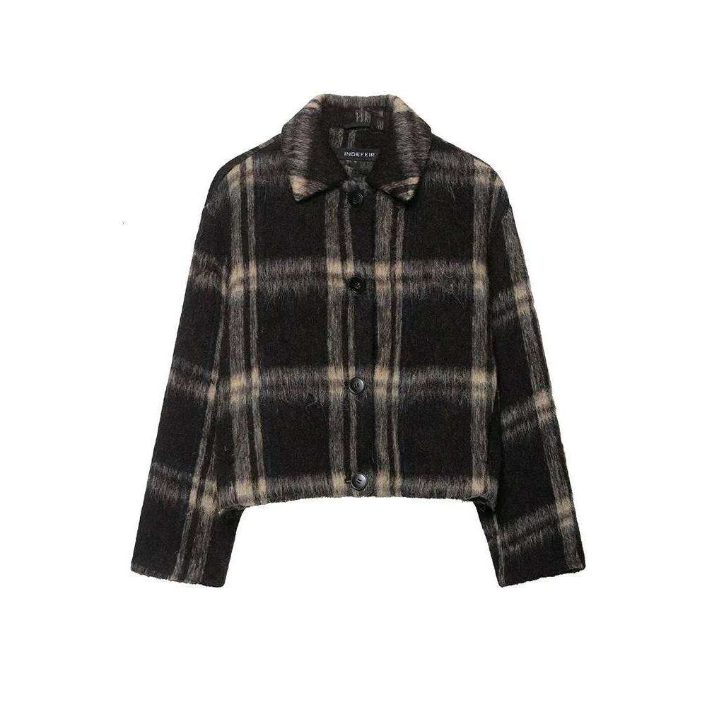 TFMLN Autumn New Women Plaid Jacket Fashion Elegant Long Sleeve Button Up Short Woolen Coat Female Winter Casual Outerwear