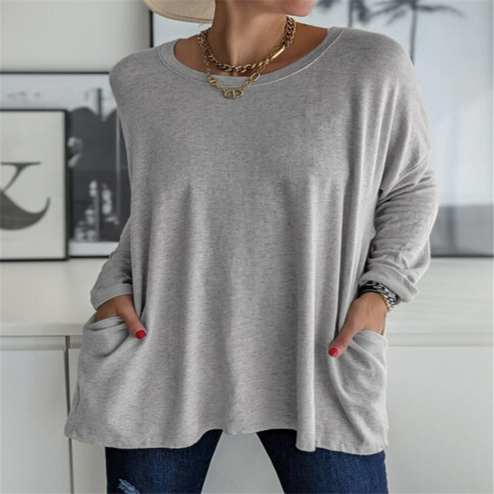 Spring Summer New Round Neck Long Sleeve Loose Pocket Solid Color T-Shirt Casual Women's Clothing