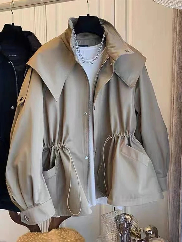 Autumn Trench Coat Women Vintage Hooded Jackets Female Elegant Fashion Drawstring Trench Ladies Casual Loose Zipper Cropped Coat 251013