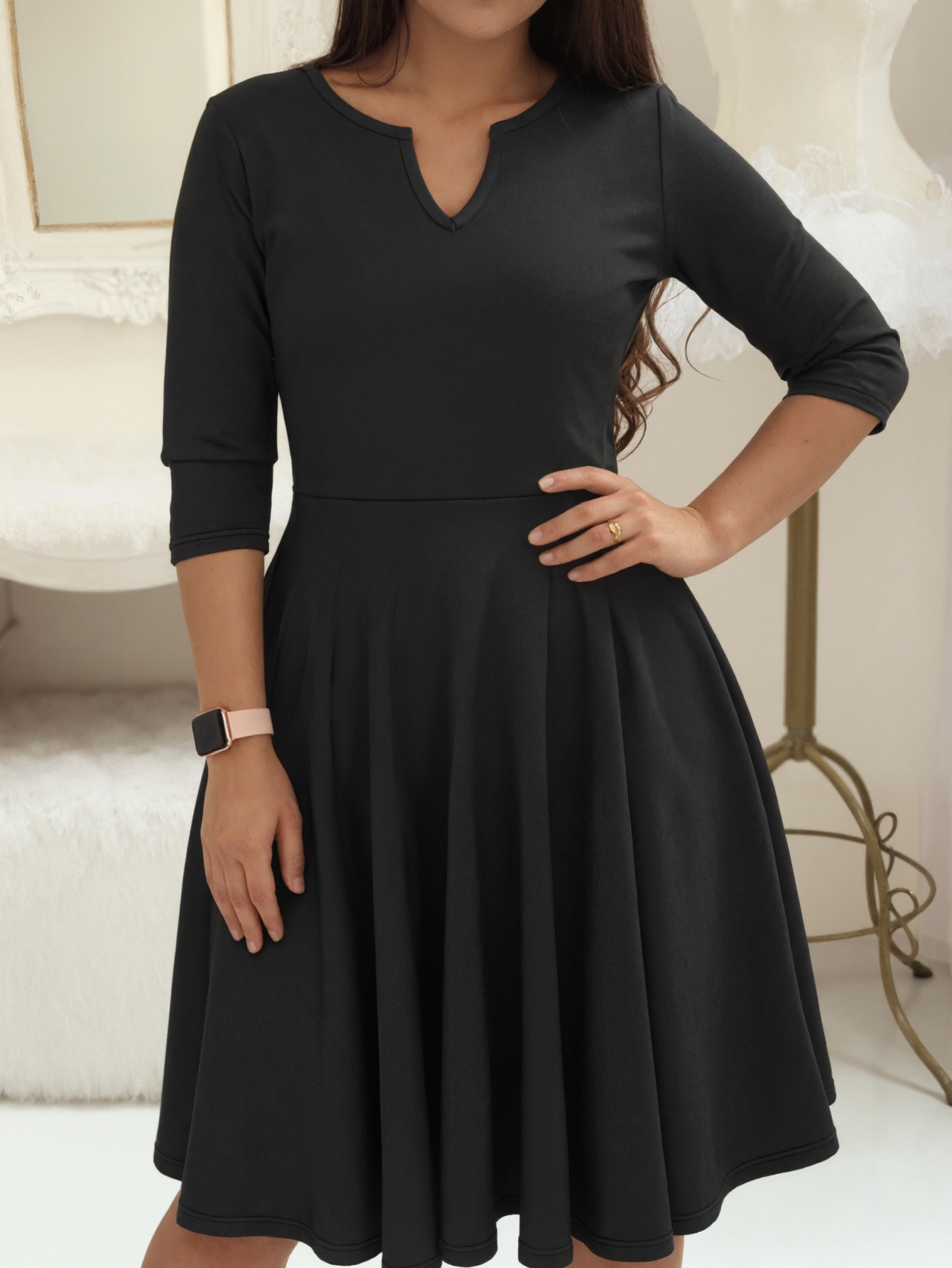 Autumn Winter Women's Fashion Elegant Solid Color V-Neck Minimalist High-End Commute Daily Dating Dress, Milk Silk Black Dress, S-XXL---CF51310