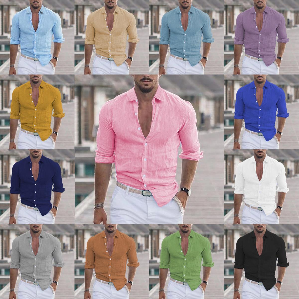 2025 New Men's Summer Cotton Linen Lapel Beach Shirt Long Sleeve Solid Color Hawaiian Holiday Clothing