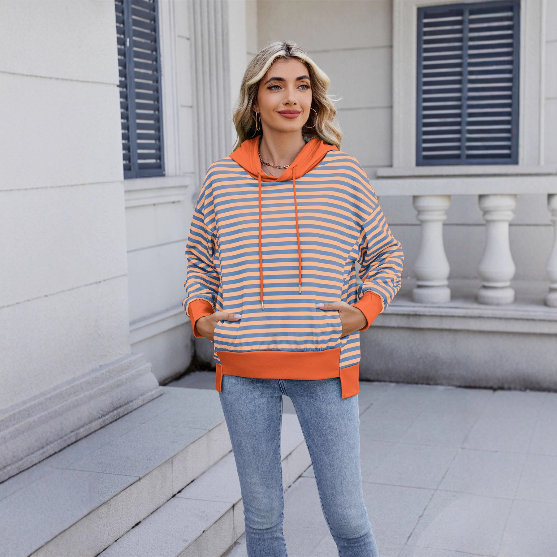 2025 Autumn and Winter New Loose Casual ColorBlock Striped Hoodie Sweatshirt for Women