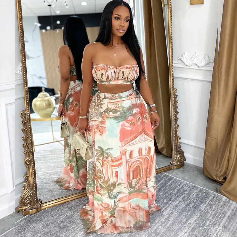 Doyerl Pattern Printing Party Dress Set Two Piece Vacation Club Wear Crop Top and Long Skirt Matching Sets Outfits 251016