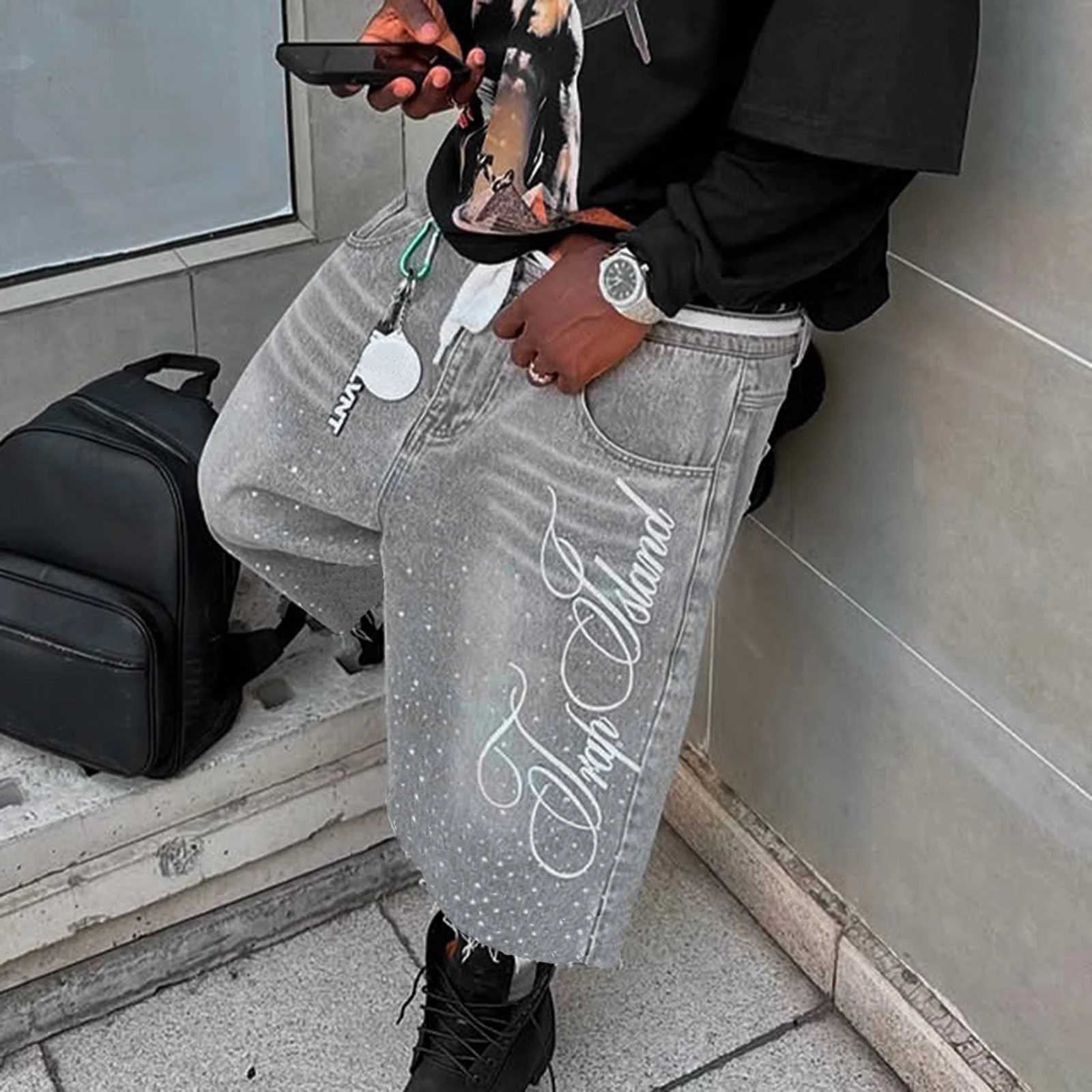 Mens Summer Casual Denim Shorts Knee Length Trendy Letter Embroidered Rhinestone Jeans Shorts Fashion StreetwearXJ251025