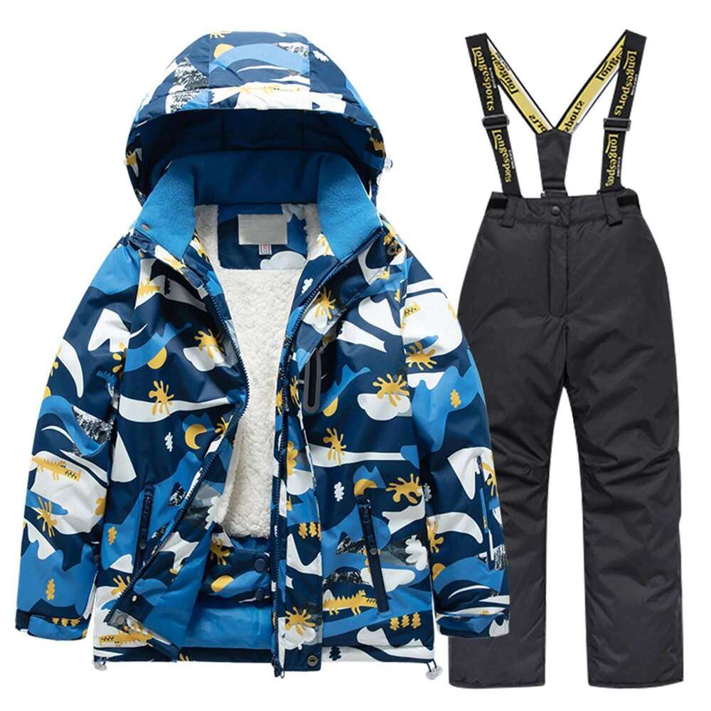 Kids Fleece Lined Ski Jacket & Pants Set Winter Windbroof Snowboarding Rain Coats Girls Handsome Boys And Students Vest Suit