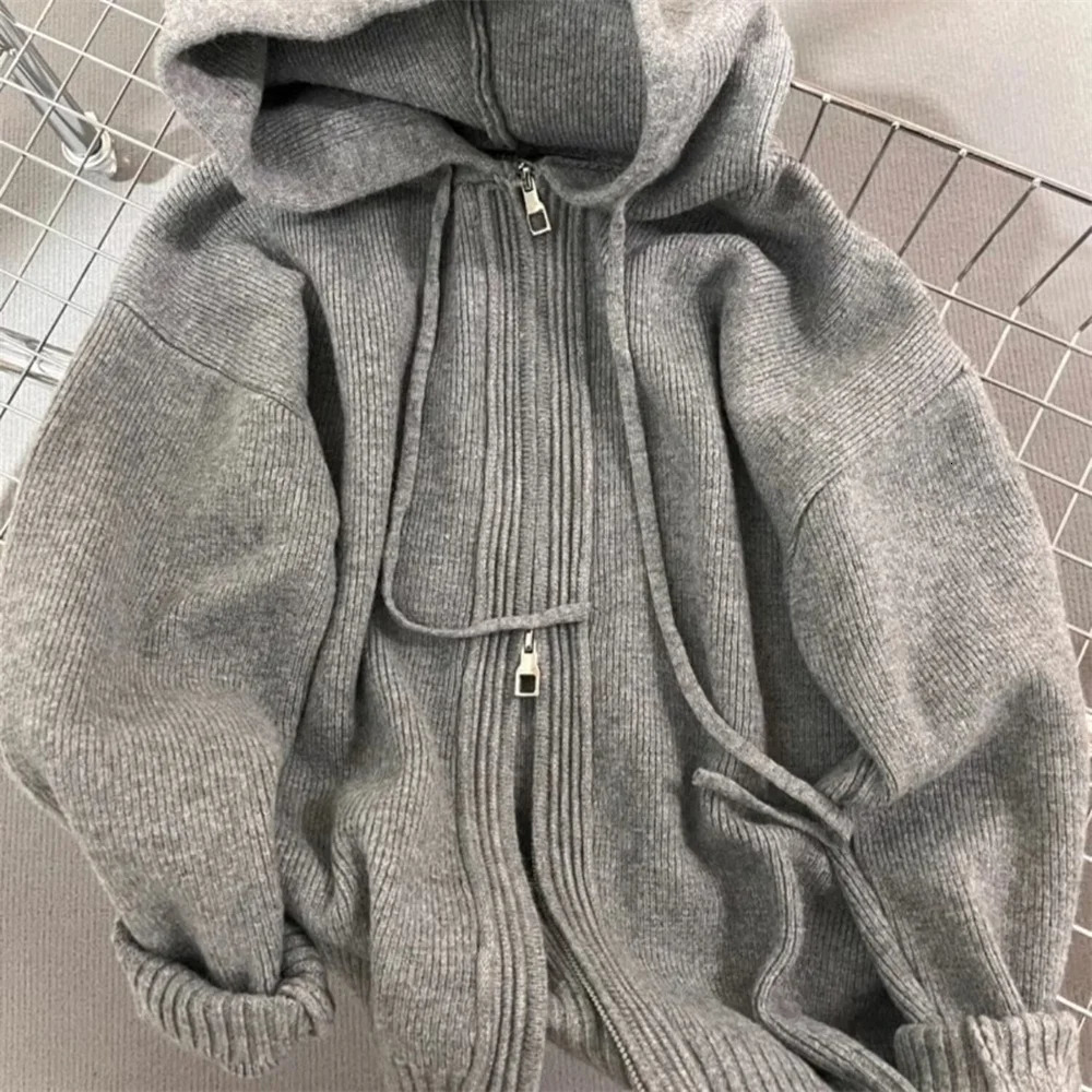 Korean Gray Hood Sweater Outerwear Women Loose Spring Autumn and Winter Outdoor Thickened Knitted Double Zipper Hoodie Coats 251013