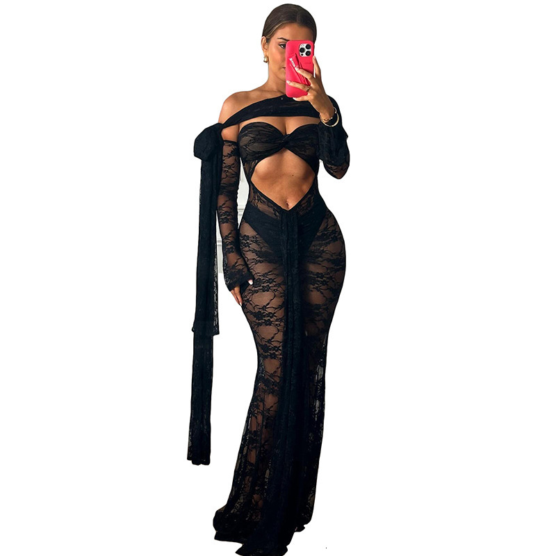 New designer fashionable European and American style women's fashionable sexy strapless long sleeved lace dress