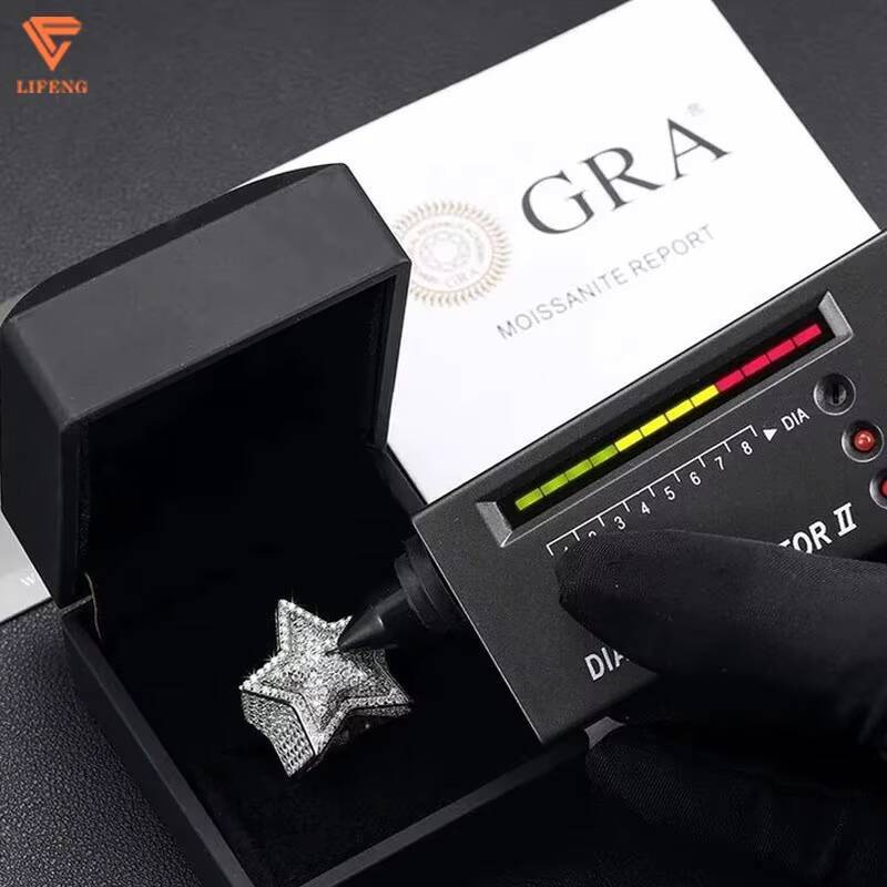 925 Sterling Silver Mens Hip Hop Ring VVS Moissanite Iced Crystal Pentagram Stars Baguette Shape Unisex Rhodium Anniversary
