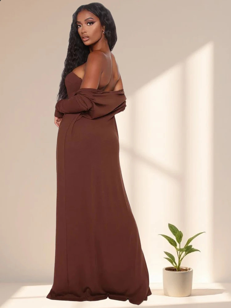 Solid Sexy TubeTop Slim Dress Long Cardigan 2Piece Set Elegant Party Dresses Sleeve Coat Woman Wedding Guest Suit 251016
