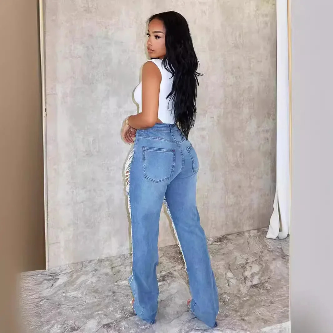 Ripped Jeans for Women Straight Pants Diamonds Chain Stretch Distressed High Waist Floor Length 2025 Streetwear Denim Trousers 251023