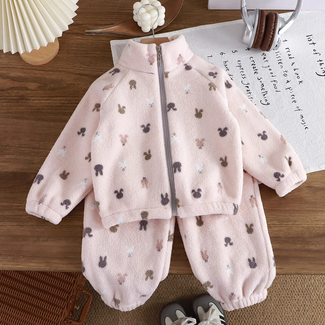 Baby Girl clothes plush thickened twopiece set of fleece cartoon casual home clothes childrens tops and bottom sets 251023