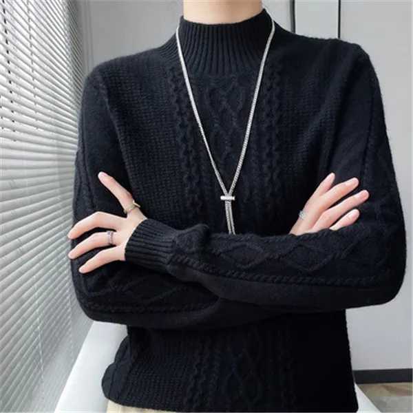 New Spring Knitted Pullovers Half High Collar Loose Thick Warm Sweater For Women Vintage Autumn Winter Mother Bottoming TopT251025