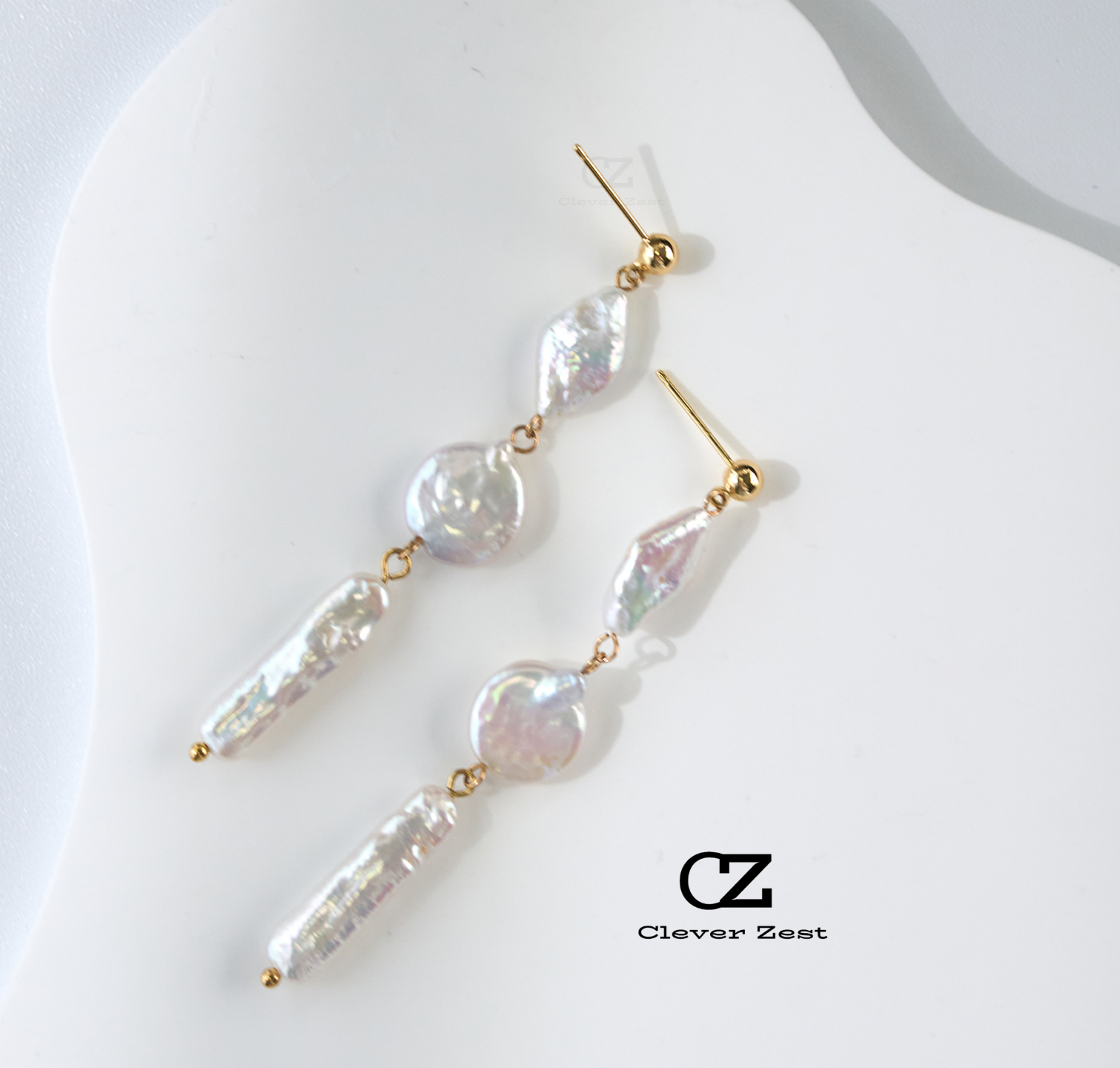Natural White Diamond-Shaped Button Toothpick Baroque Earrings 14K Gold-Filled Fashionable Versatile Trend Anniversary Gift Bestie Gift