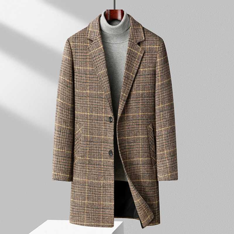 High Quality Mens Casual MidLength Plaid Woolen Coats Winter Outwear Warm Tops Overcoat Thick Striped Wool Windbreaker JacketsT251025