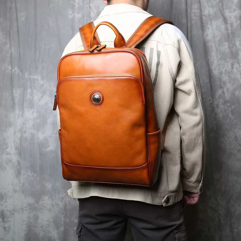 Vegetable Tanned Cowhide Shoulder Backpack Mens Head Layer Cowhide Vintage Casual Multifunctional Large Capacity Computer Bag W251025