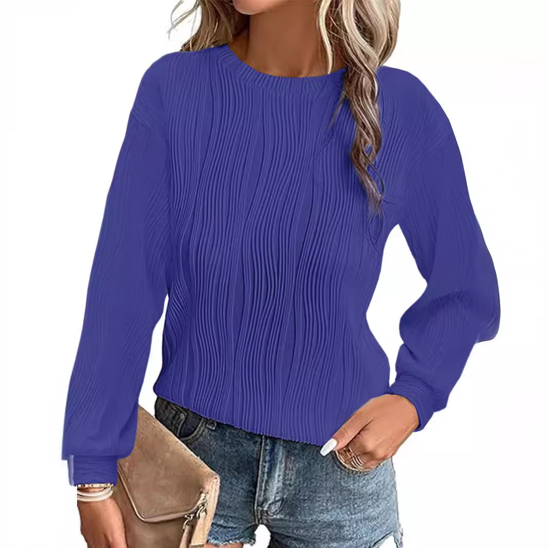 2025 New Drop Shoulder Long Sleeve Textured Round Neck Knitted Solid Color Loose Casual Women's Clothing