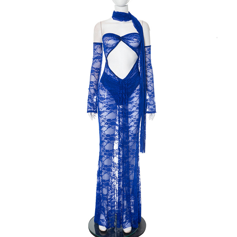 New designer fashionable European and American style women's fashionable sexy strapless long sleeved lace dress
