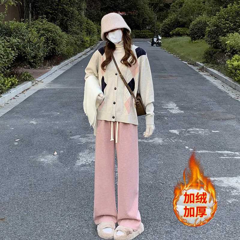 Imitation Cashmere Knitted for Women in Autumn Winter Thickened Velvet High Waist Loose Casual Straight Wide Leg PantsT251025