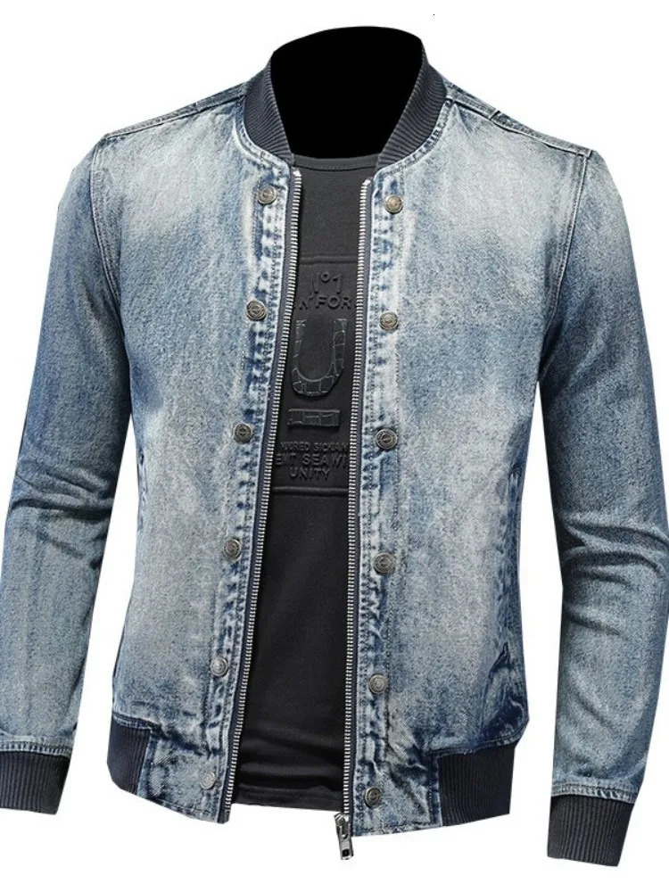 Mens Denim Bomber Jacket Slim Fit Vintage Moto Biker Short Cargo Coat Male Long Sleeve High Street Stand Collar Pilot Jackets 251017
