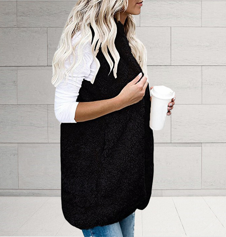 Autumn Winter Plus Size Women's Fashion Solid Color Sleeveless Hooded Pocket Fuzzy Vest