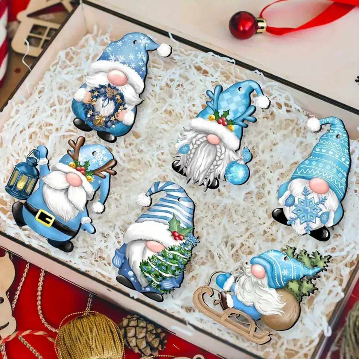 12 wooden Christmas and winter blue dwarf decorations perfect for Christmas and outdoor holiday parties C251024