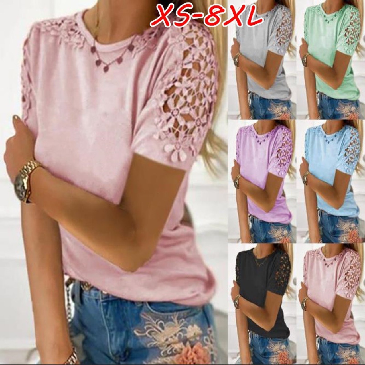 2025 Summer Loose Fit Elegant Commuter Patchwork Short Round Neck T-Shirt 0290
