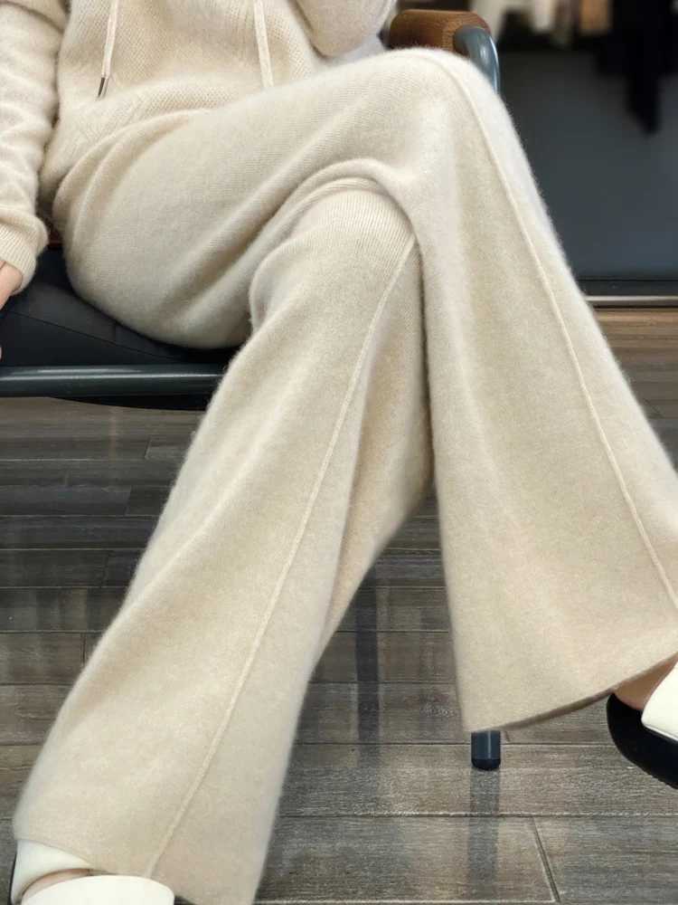 Office Women Straight Pants Autumn Winter 100 Merino Wool Pants Knit Warm Trousers Lace Up Elastic Female Casual Wide Leg PantsT251025