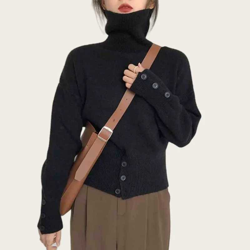 New Turtleneck Long Sleeve Pullover Sweater for Women Autumn Winter Elegant 2025 Fashion Hem Button Sweaters Casual Knit TopT251025